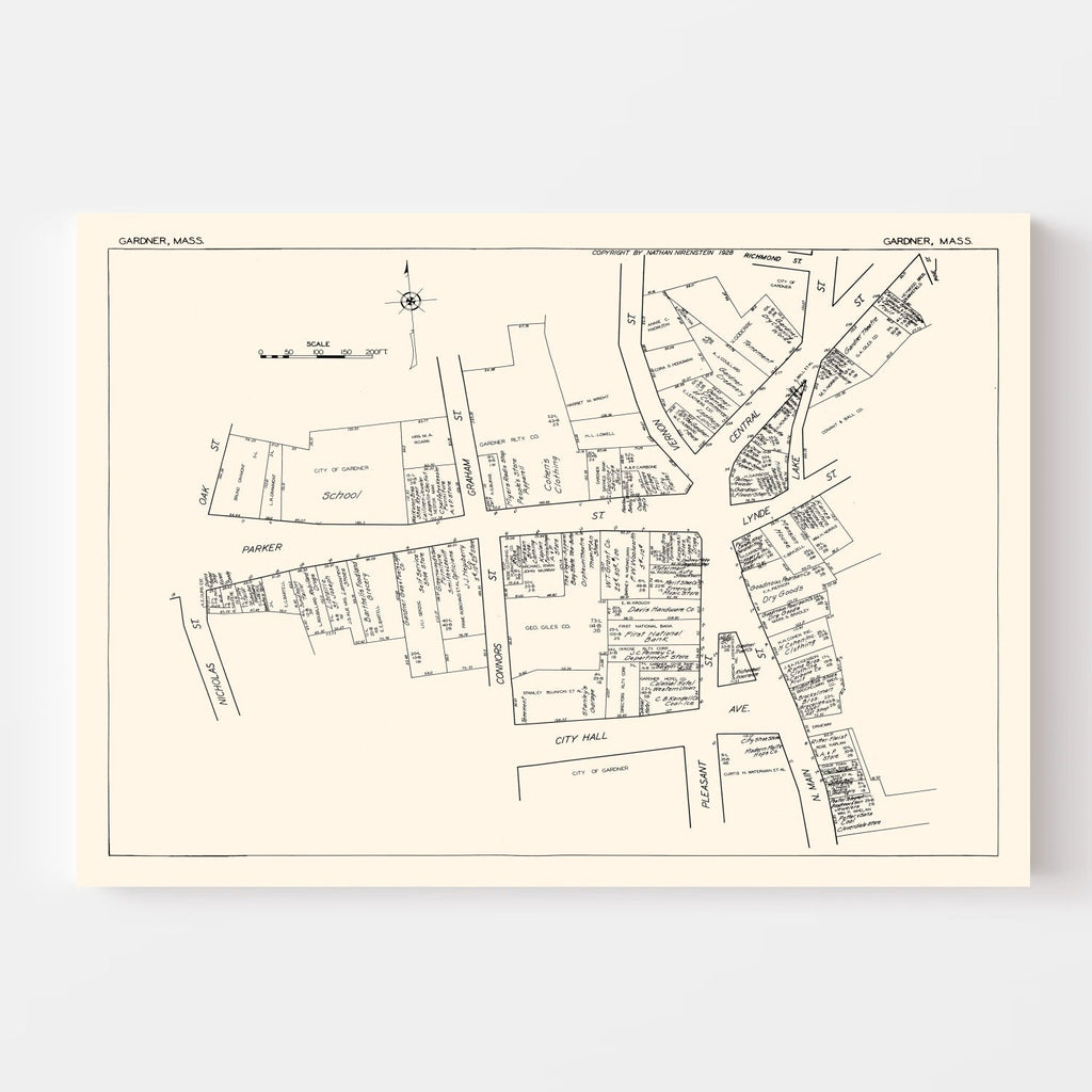 Vintage Map of Gardner, MA Business Section 1929