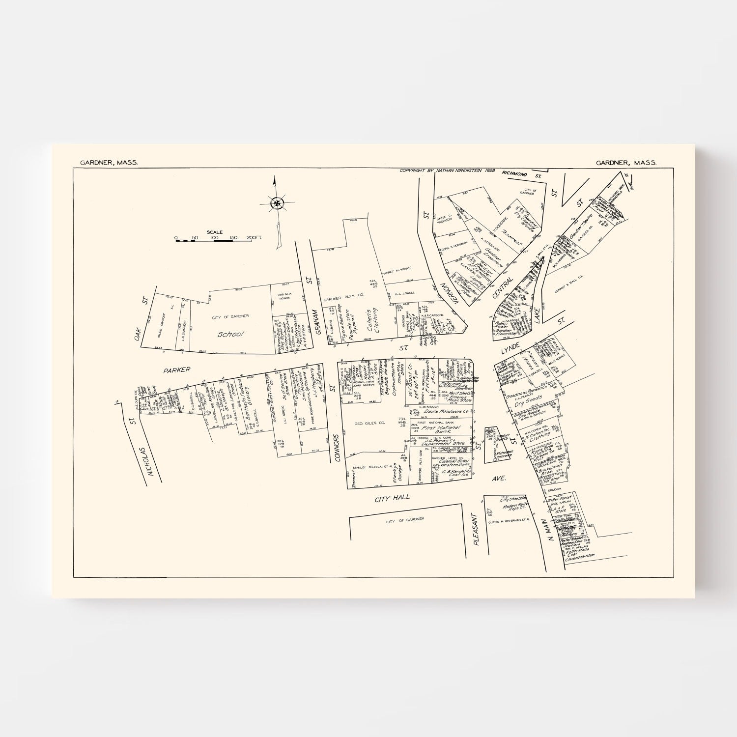 Vintage Map of Gardner, MA Business Section 1929