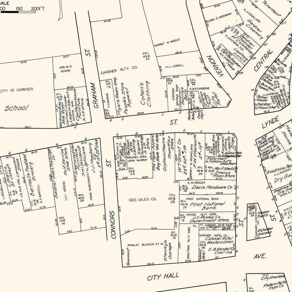 Vintage Map of Gardner, MA Business Section 1929