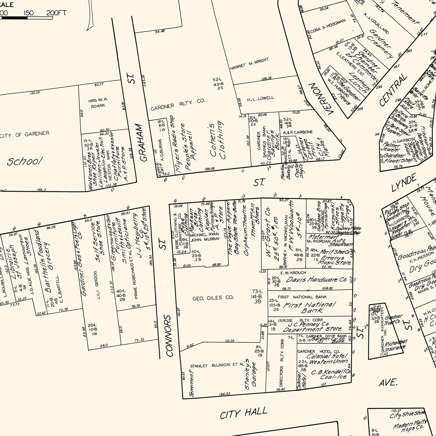 Vintage Map of Gardner, MA Business Section 1929