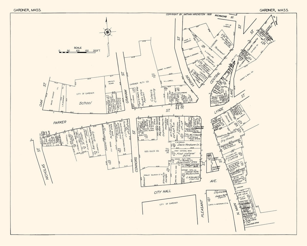 Vintage Map of Gardner, MA Business Section 1929