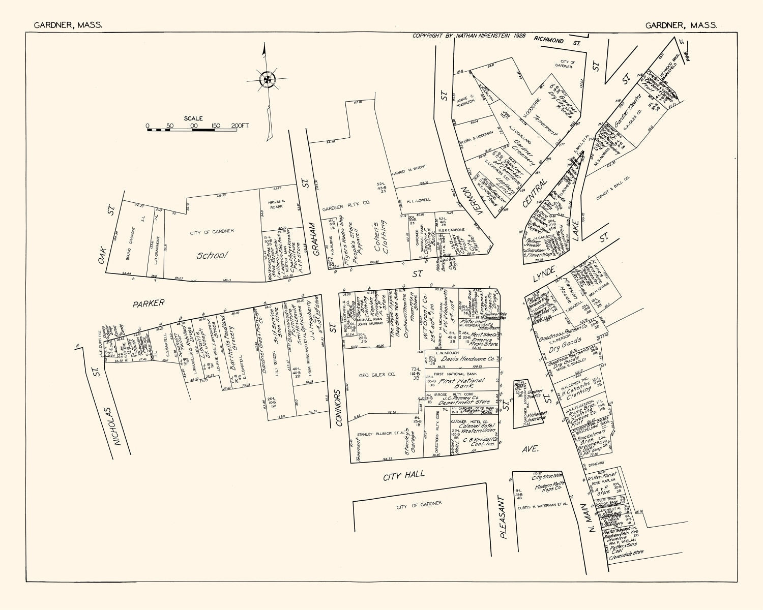 Vintage Map of Gardner, MA Business Section 1929