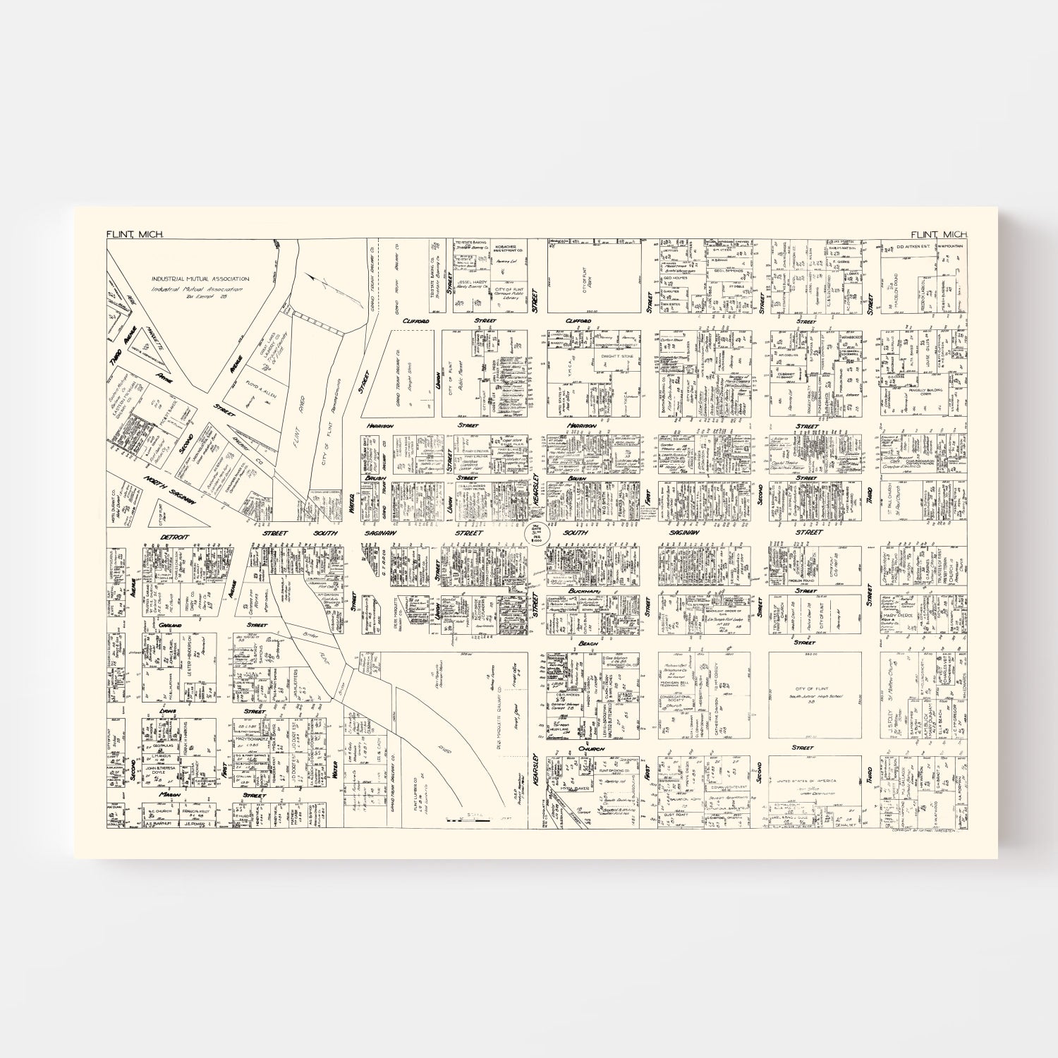 Vintage Map of Flint, MI Business Section 1929