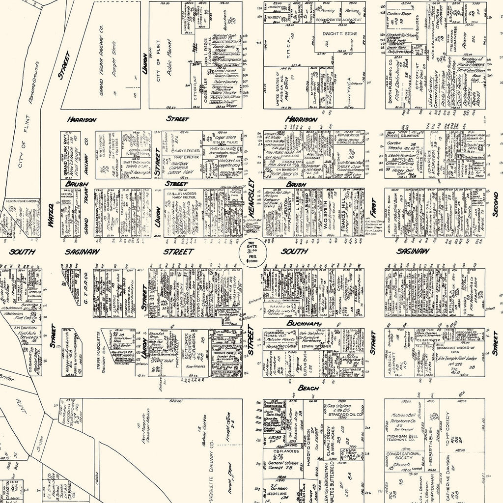 Vintage Map of Flint, MI Business Section 1929