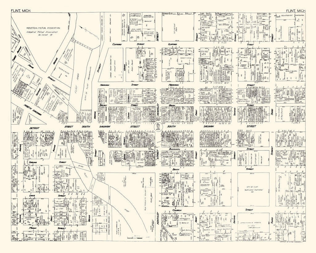 Vintage Map of Flint, MI Business Section 1929