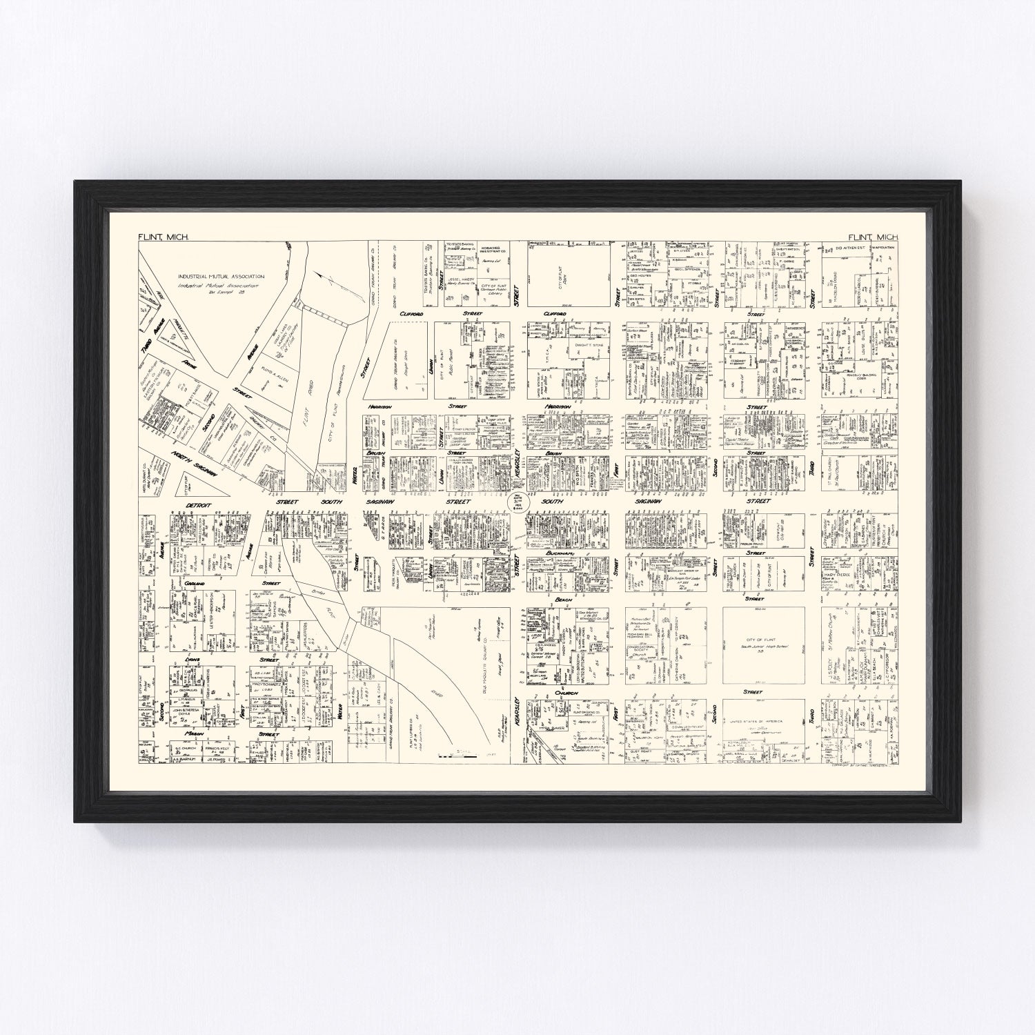 Vintage Map of Flint, MI Business Section 1929