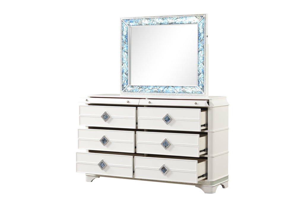 Laguna Modern Style 5 Pc Queen Upholstered Bedroom Set Made with Wood and Crystal Accents in White(CA INVENTORY)