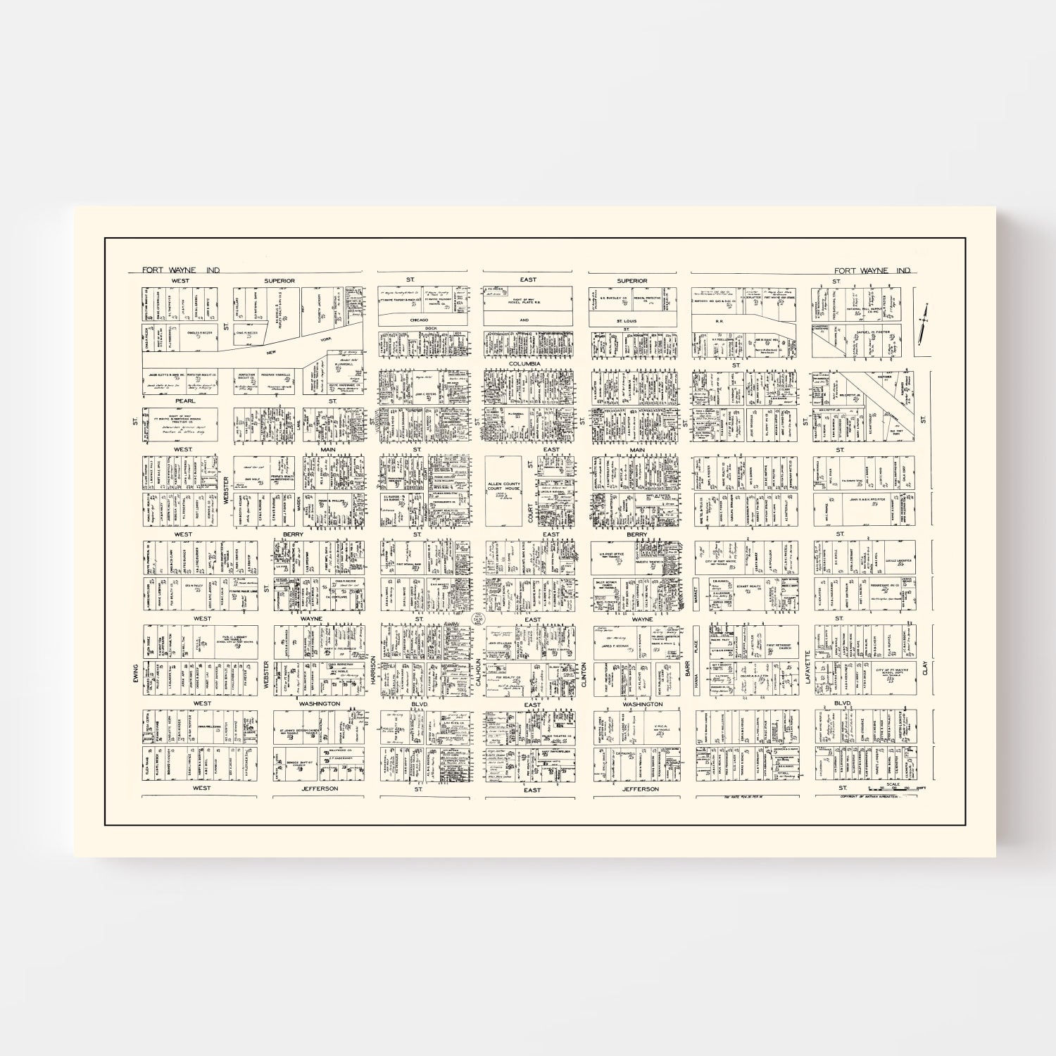 Vintage Map of Fort Wayne, IN Business Section 1929