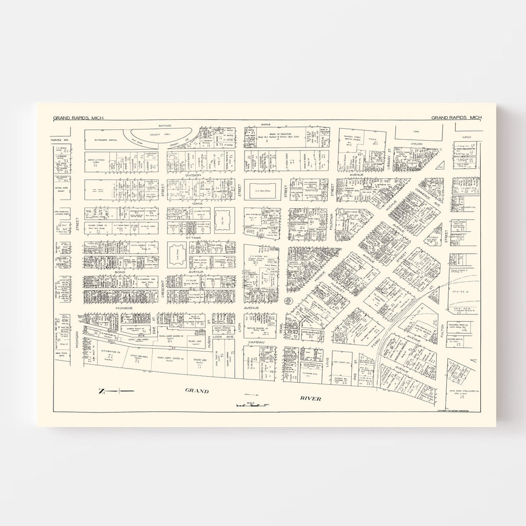 Vintage Map of Grand Rapids, MI Business Section 1929