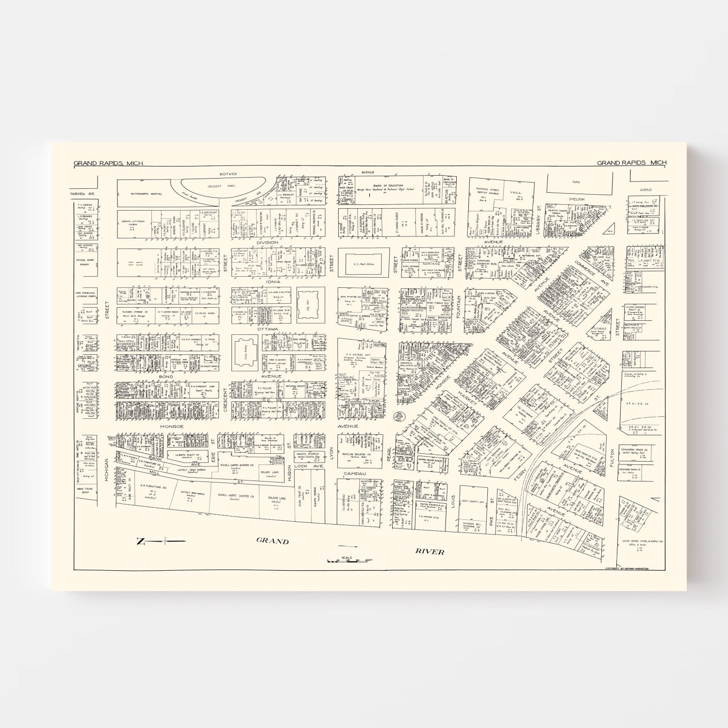 Vintage Map of Grand Rapids, MI Business Section 1929