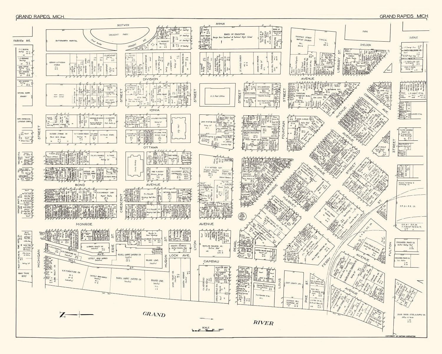 Vintage Map of Grand Rapids, MI Business Section 1929