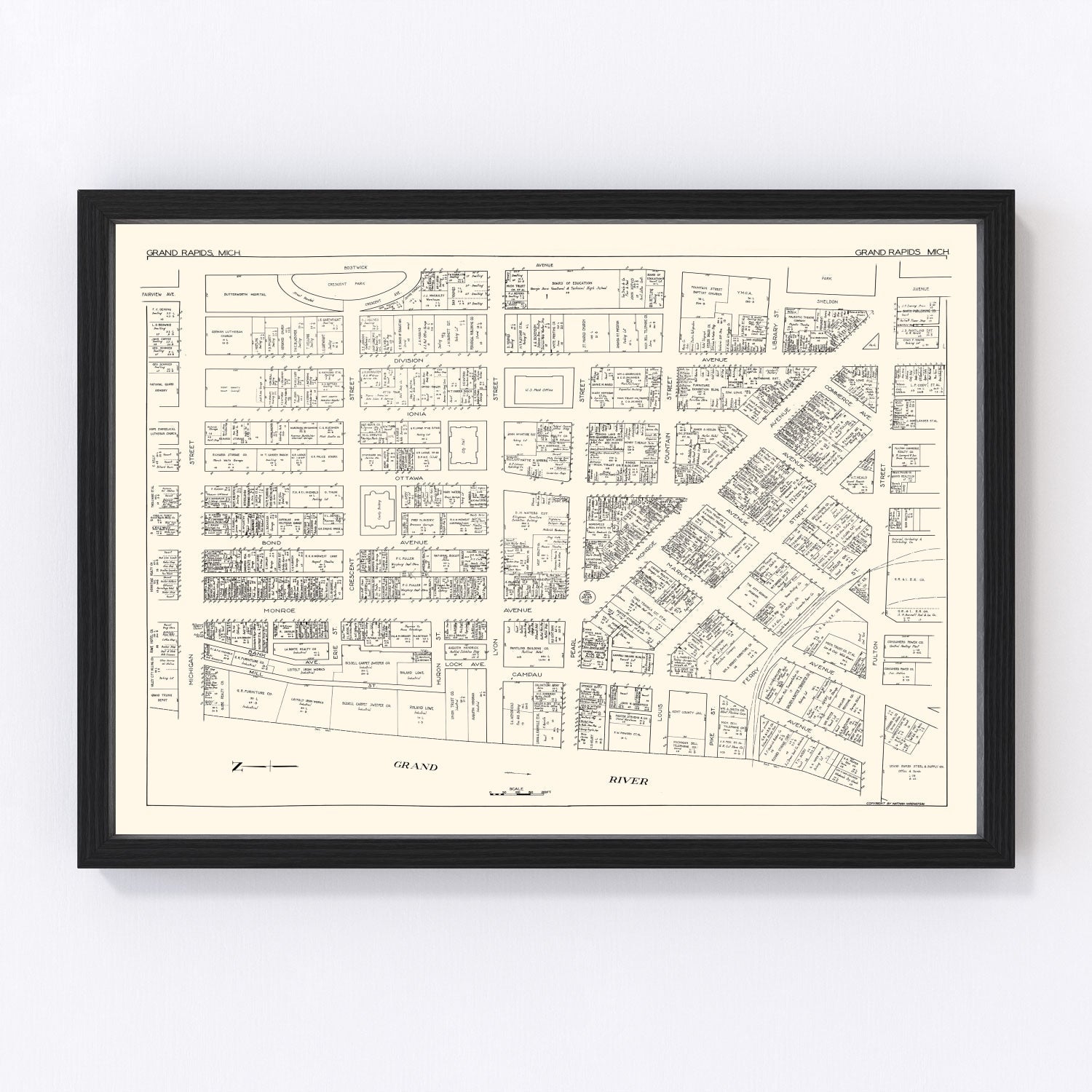 Vintage Map of Grand Rapids, MI Business Section 1929