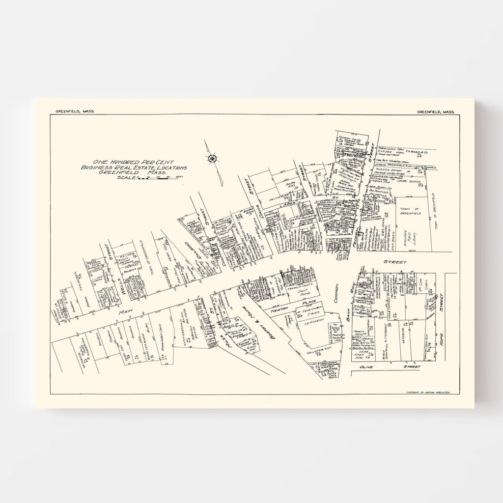 Vintage Map of Greenfield, MA Business Section 1929