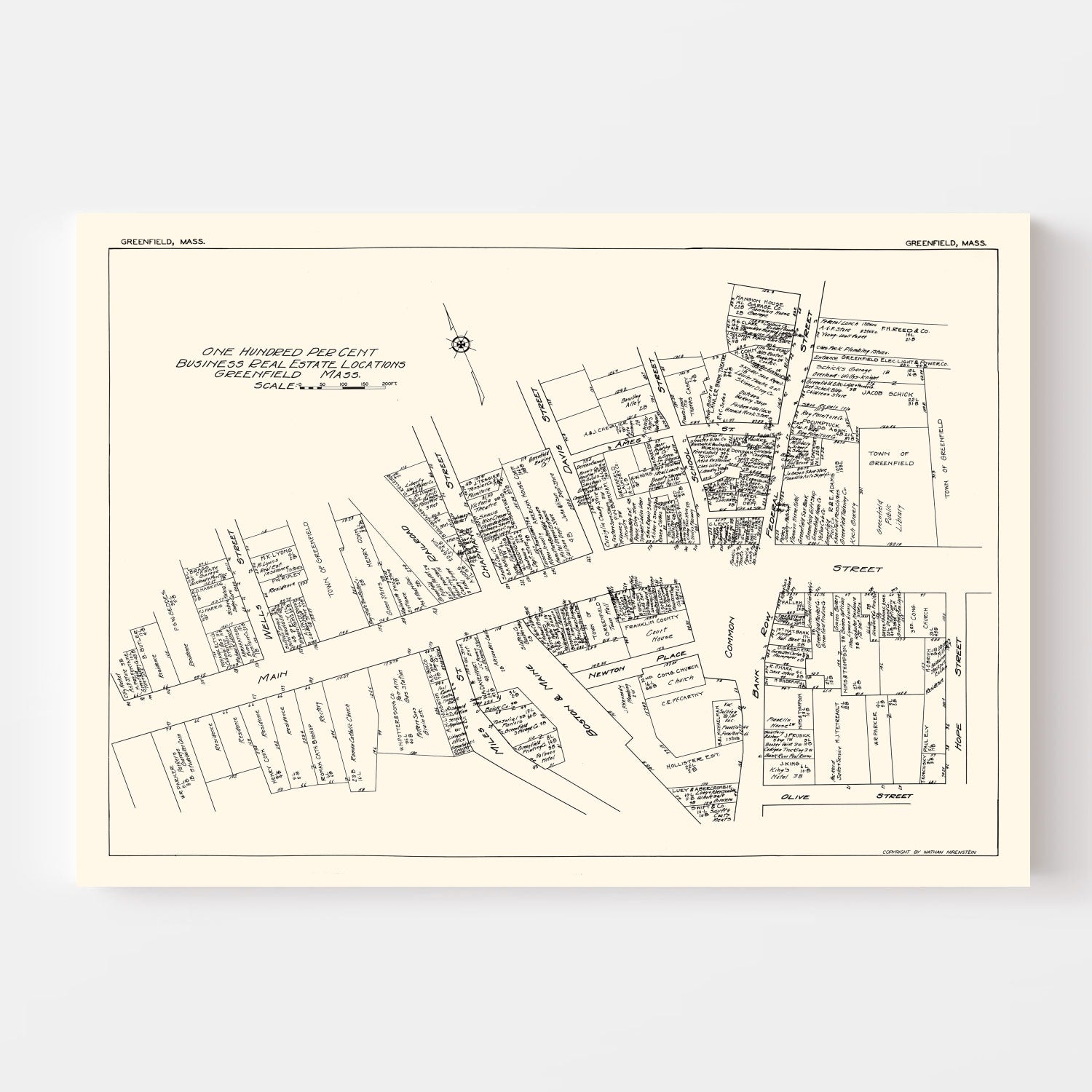Vintage Map of Greenfield, MA Business Section 1929