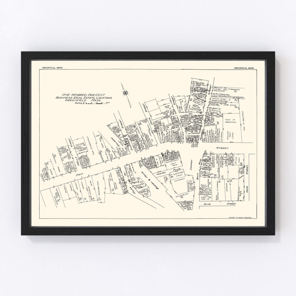 Vintage Map of Greenfield, MA Business Section 1929