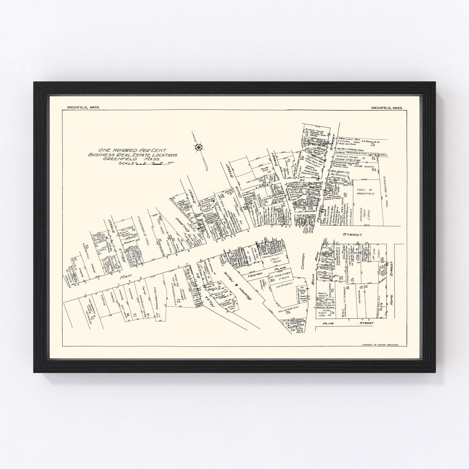 Vintage Map of Greenfield, MA Business Section 1929