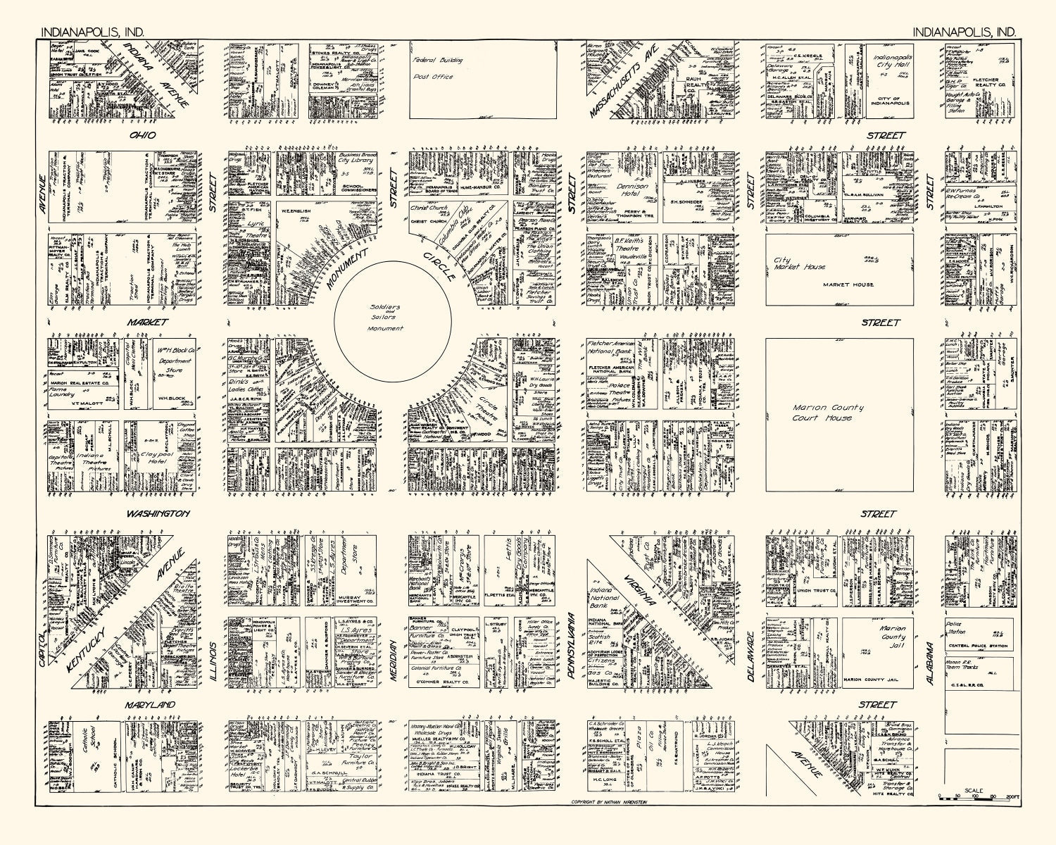 Vintage Map of Indianapolis, IN Business Section 1929