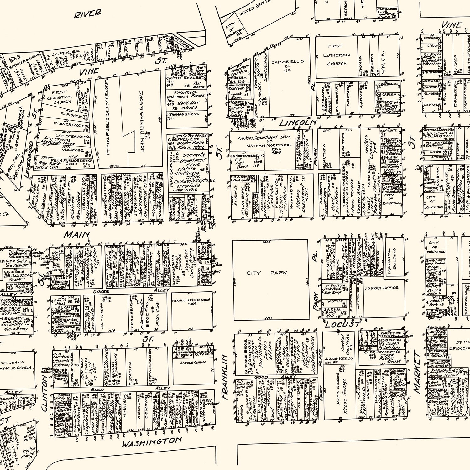 Vintage Map of Johnstown, PA Business Section 1929