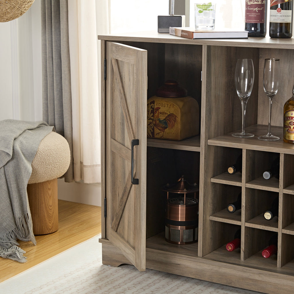 Wine Bar Cabinet for Liquor and Glasses, Farmhouse Coffee Bar, Cabinet with Wine Rack Barn Door Buffet Sideboard Cabinet with Drawer, Adjustable Storage Shelves, 31.5'*15.75'*31.5'Gray Wash