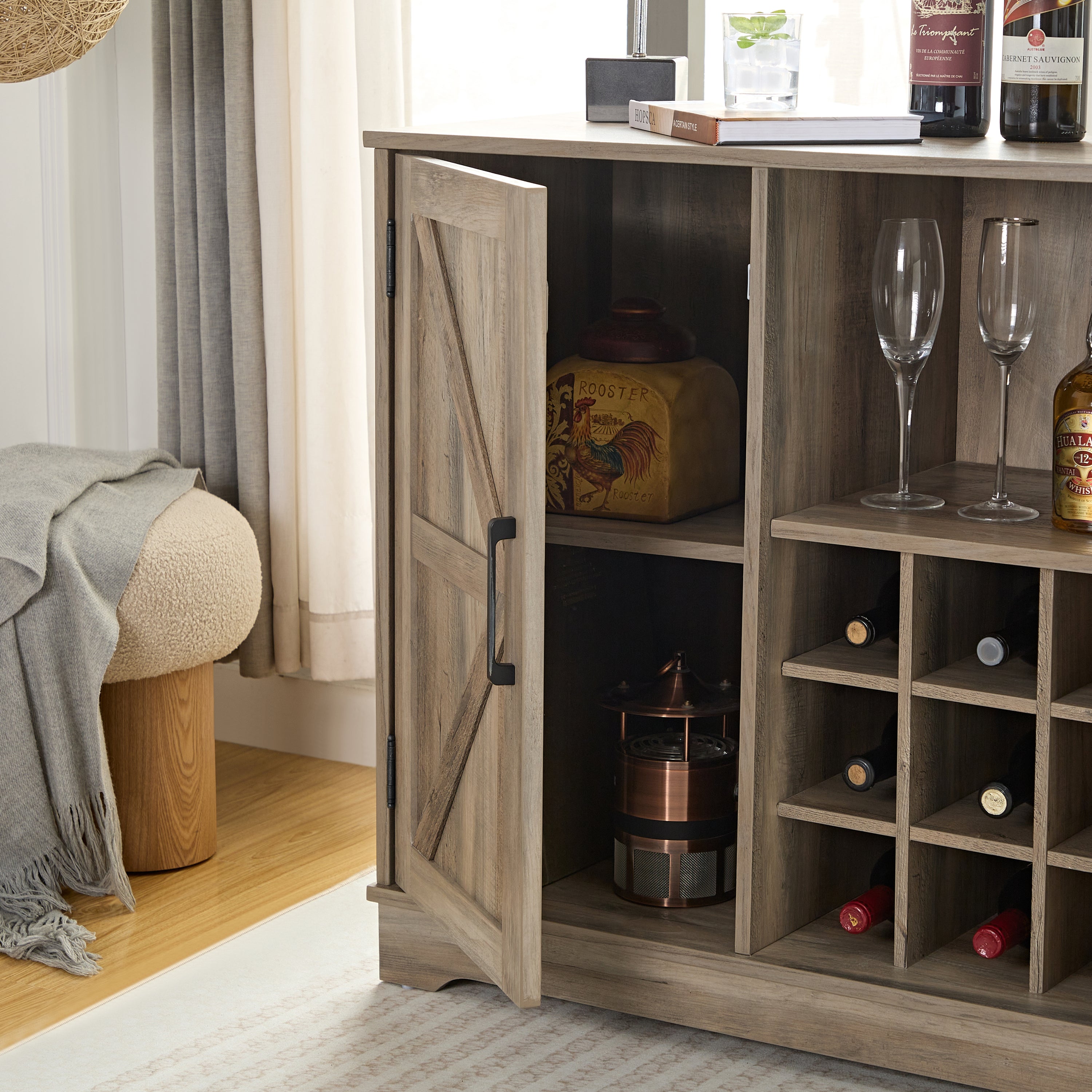 Wine Bar Cabinet for Liquor and Glasses, Farmhouse Coffee Bar, Cabinet with Wine Rack Barn Door Buffet Sideboard Cabinet with Drawer, Adjustable Storage Shelves, 31.5'*15.75'*31.5'Gray Wash