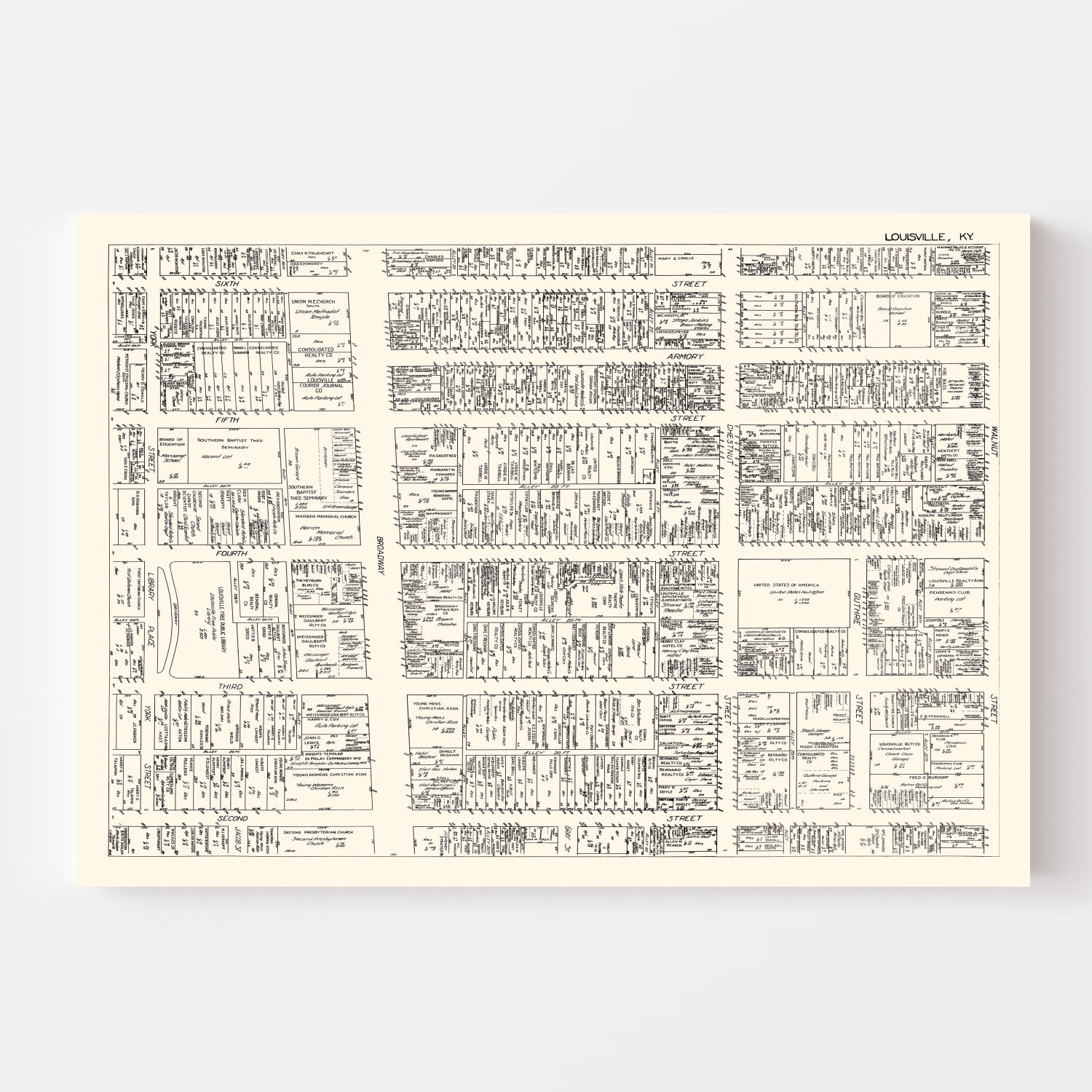 Vintage Map of Louisvillle, KY Business Section 1929