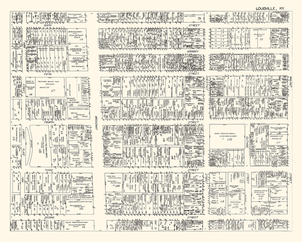 Vintage Map of Louisvillle, KY Business Section 1929