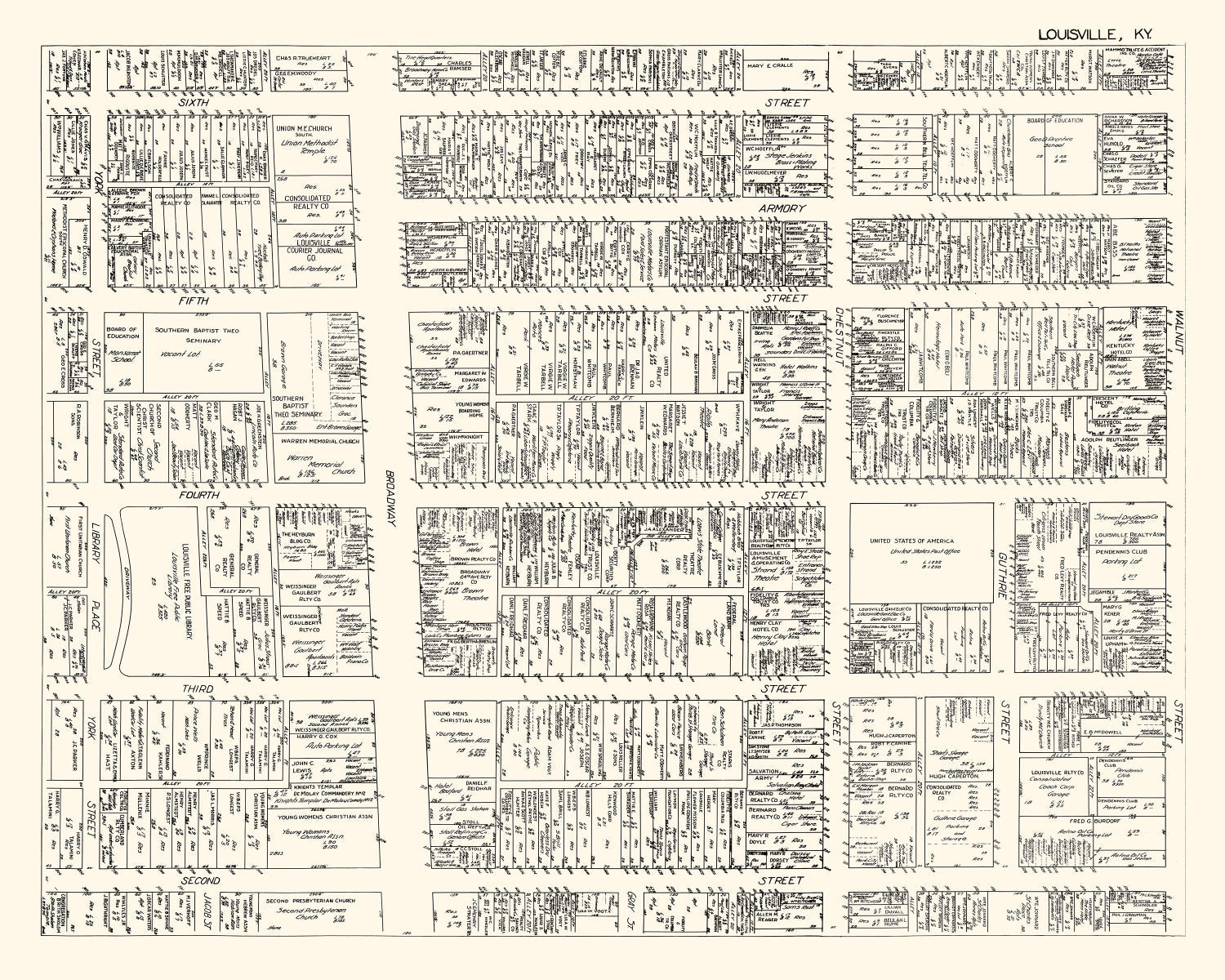 Vintage Map of Louisvillle, KY Business Section 1929