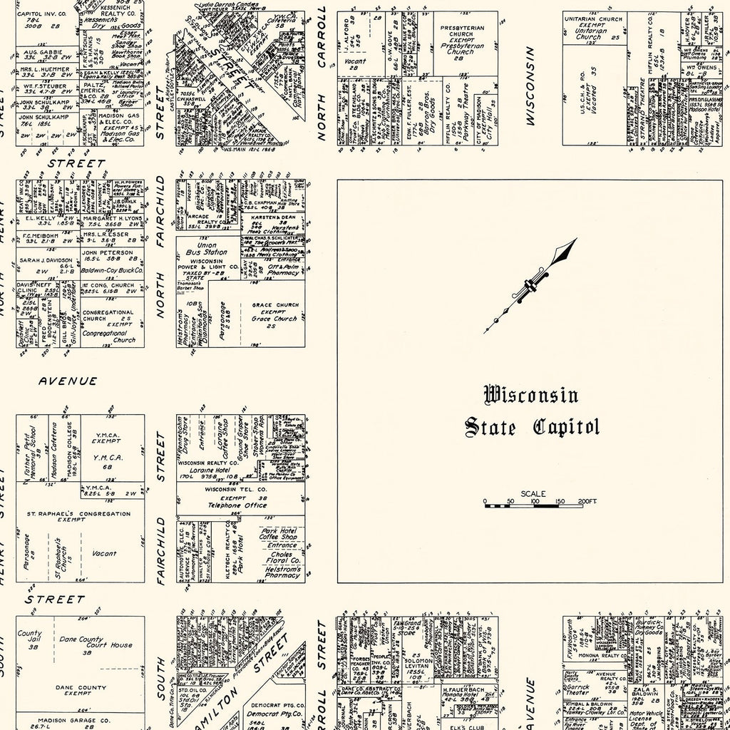 Vintage Map of Madison, WI Business Section 1929