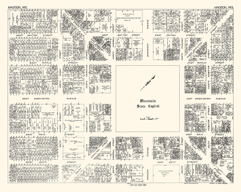 Vintage Map of Madison, WI Business Section 1929