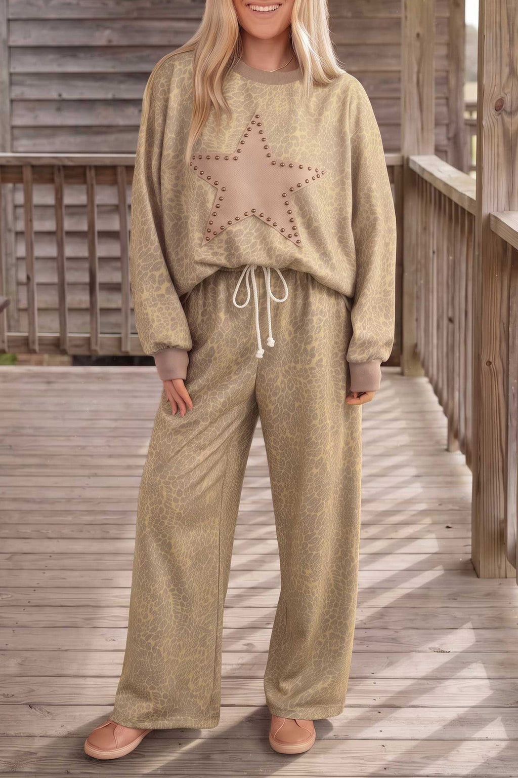 Leopard Star Patch Long Sleeve Top & Pants Set