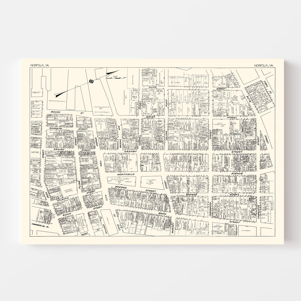 Vintage Map of Norfolk, VA Business Section 1929