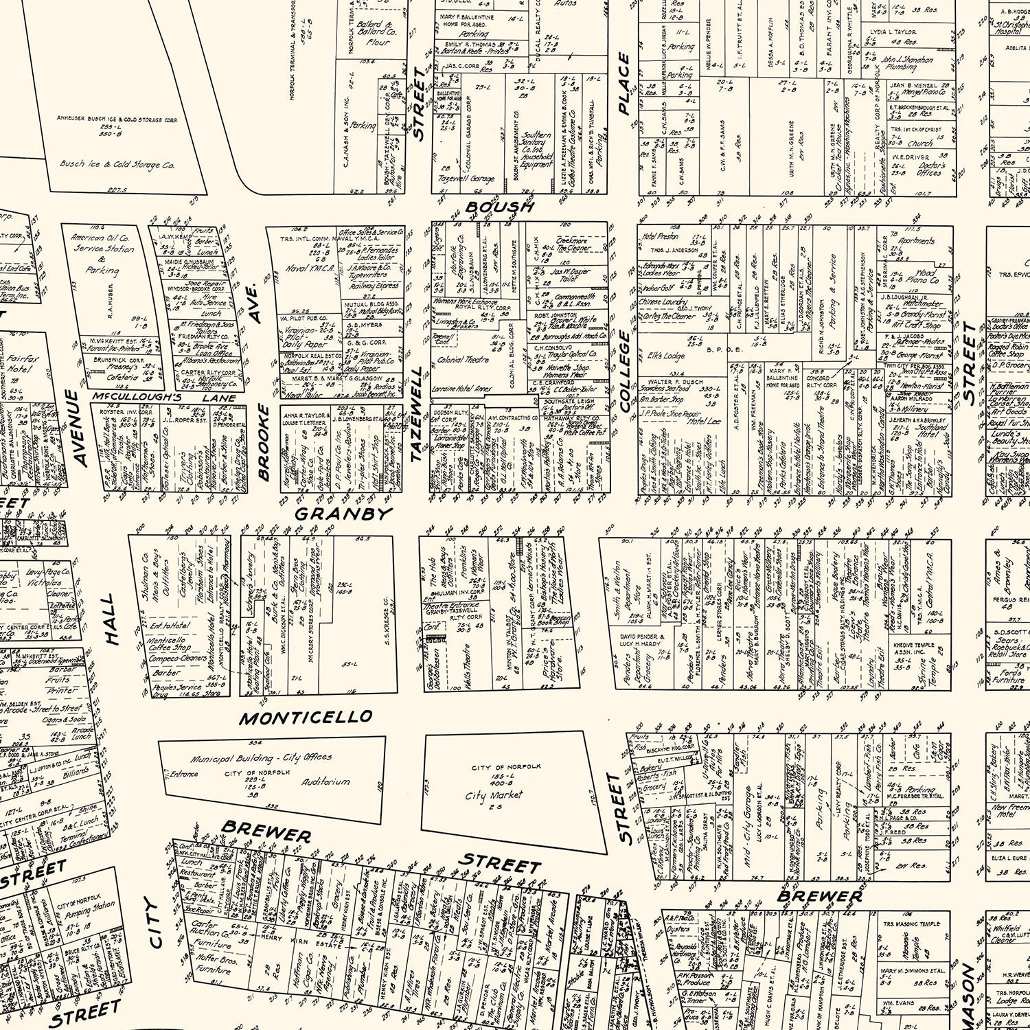 Vintage Map of Norfolk, VA Business Section 1929