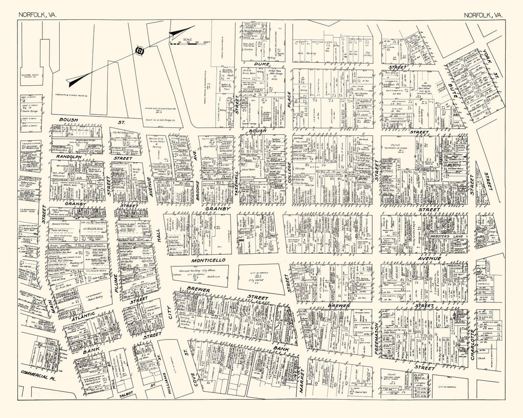 Vintage Map of Norfolk, VA Business Section 1929