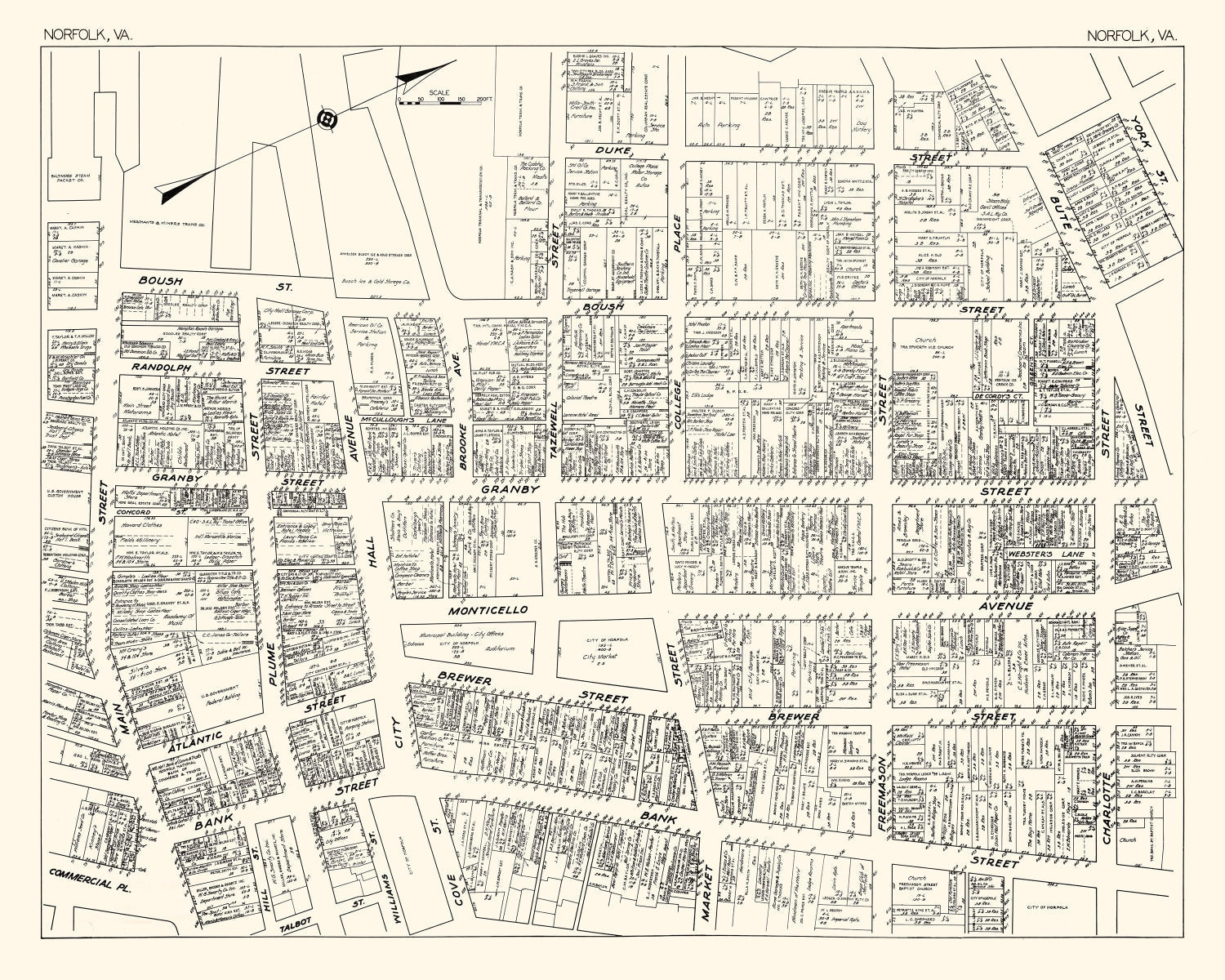 Vintage Map of Norfolk, VA Business Section 1929