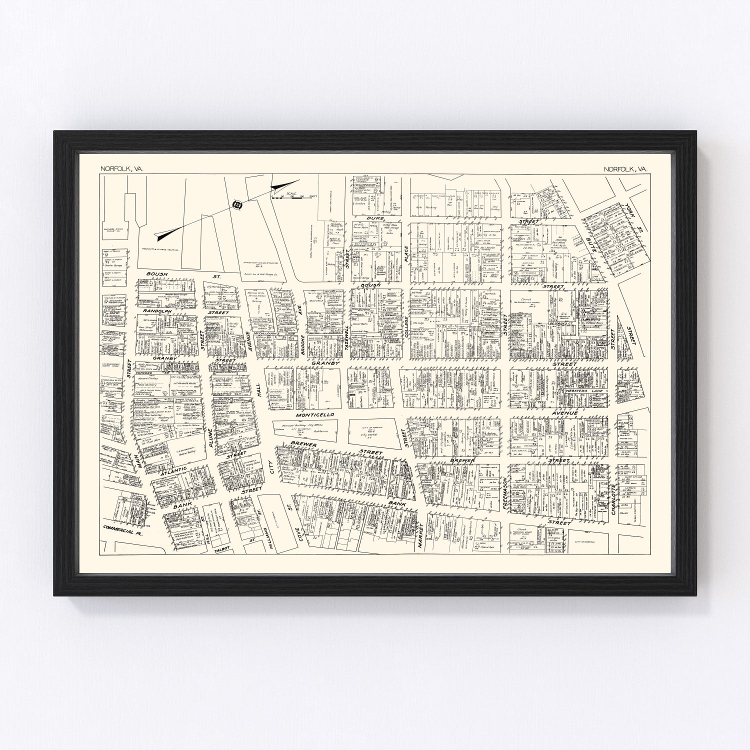 Vintage Map of Norfolk, VA Business Section 1929