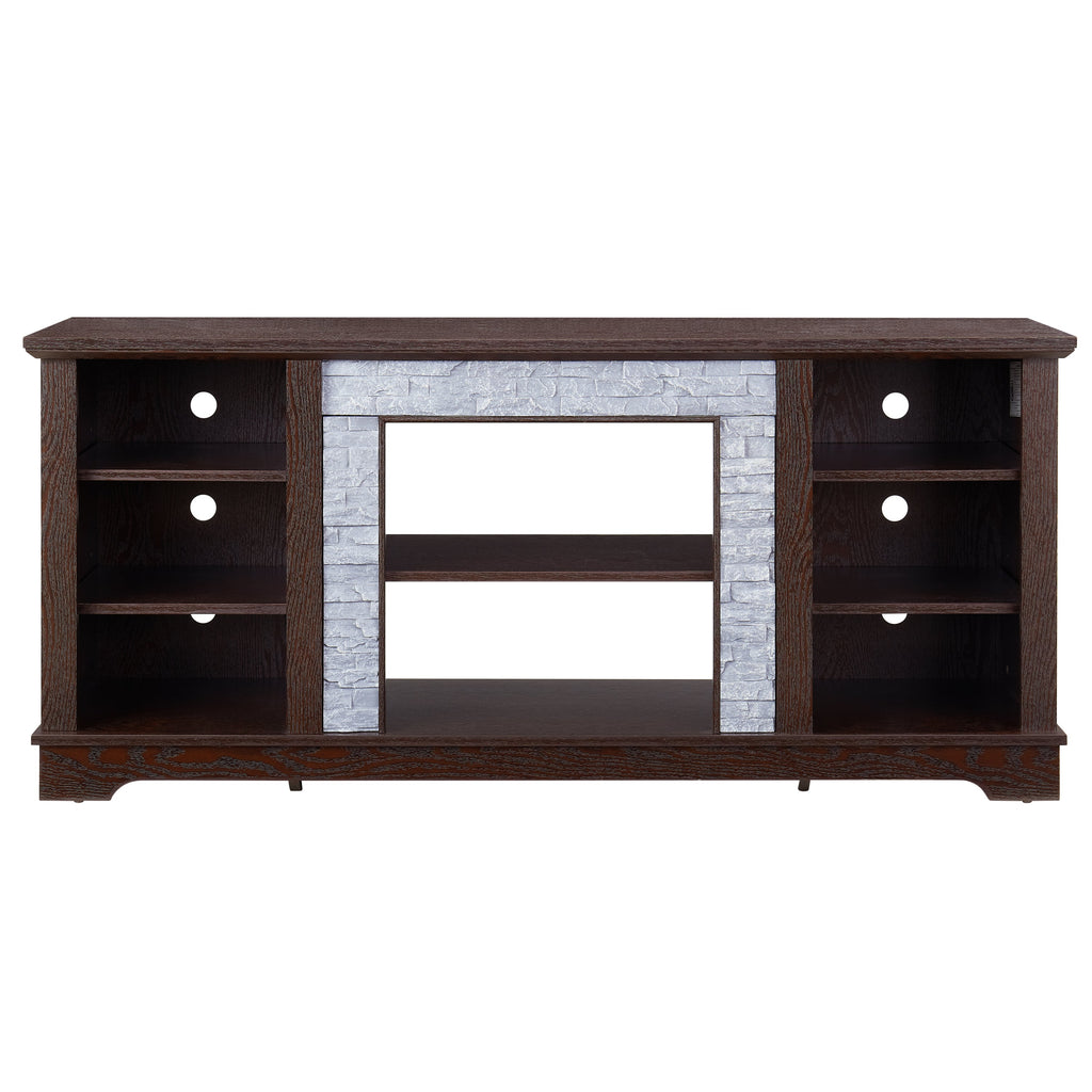 TV Media Stand with with Faux Stacked Stone Surround, Modern Entertainment Console with Open Storage Space, Cherry, 58.31'W*15.39'D*26.06'H
