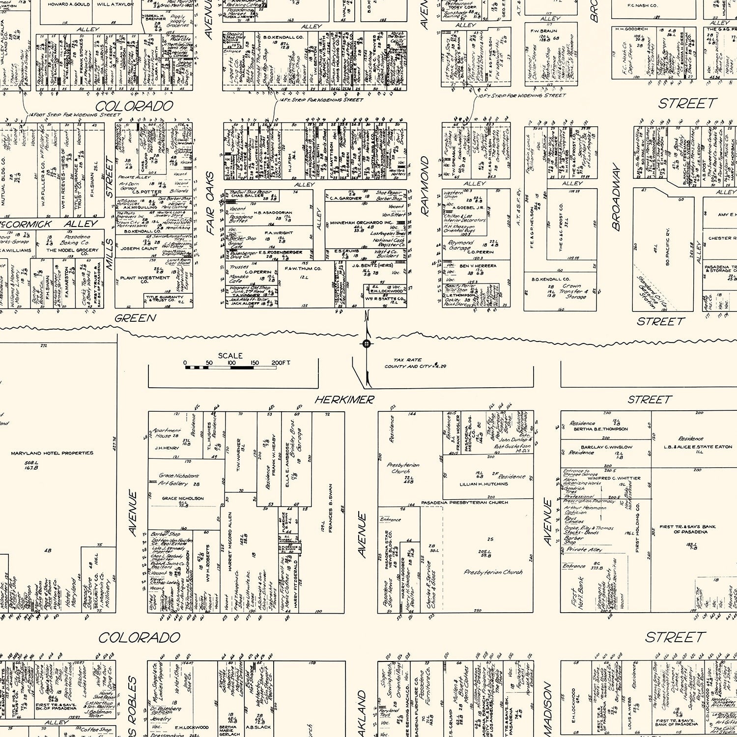 Vintage Map of Pasadena, CA Business Section 1929