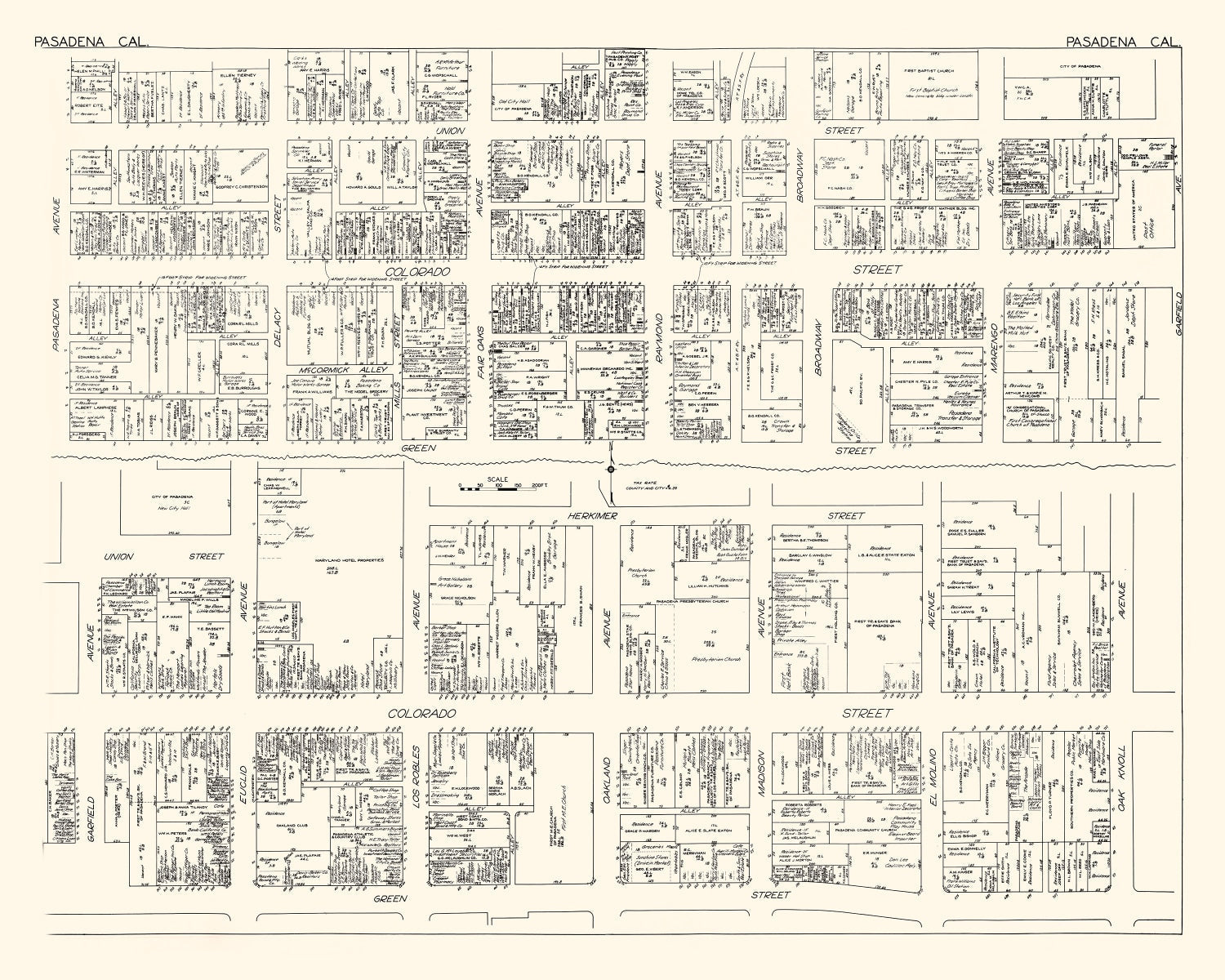 Vintage Map of Pasadena, CA Business Section 1929