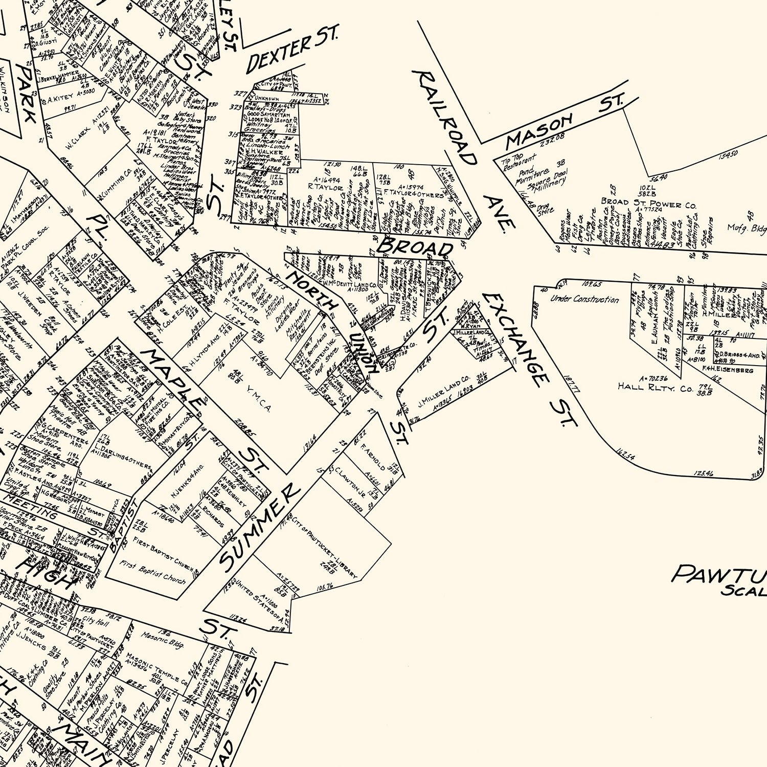 Vintage Map of Pawtucket, RI Business Section 1929