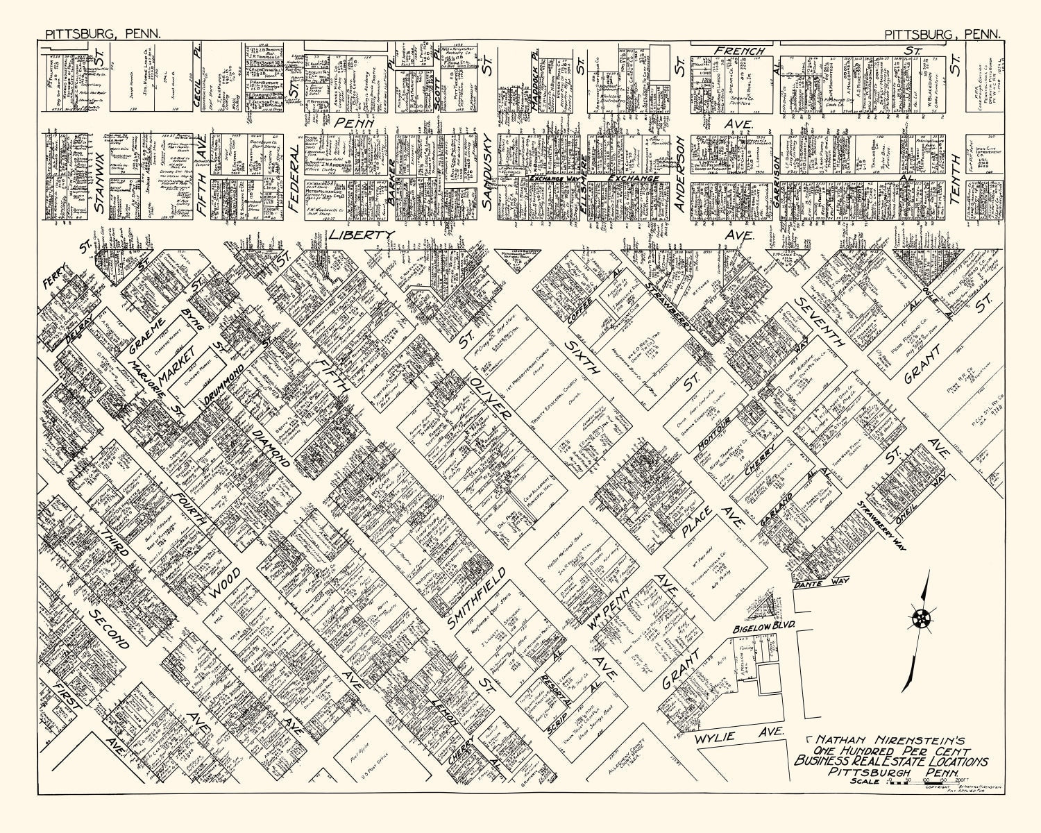 Vintage Map of Pittsburgh, PA Business Section 1929