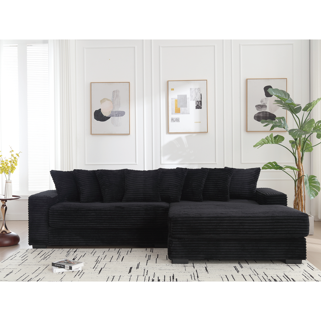 [NEW ARRIVED] [VIDEO PROVIDED] Oversized Two-Piece  Couches,  L Shaped Sofa, Corduroy, Right Chaise Daybed,with Armrests,Eight Throw Pillows,Corner Sofa,Easy To Assemble,  Black