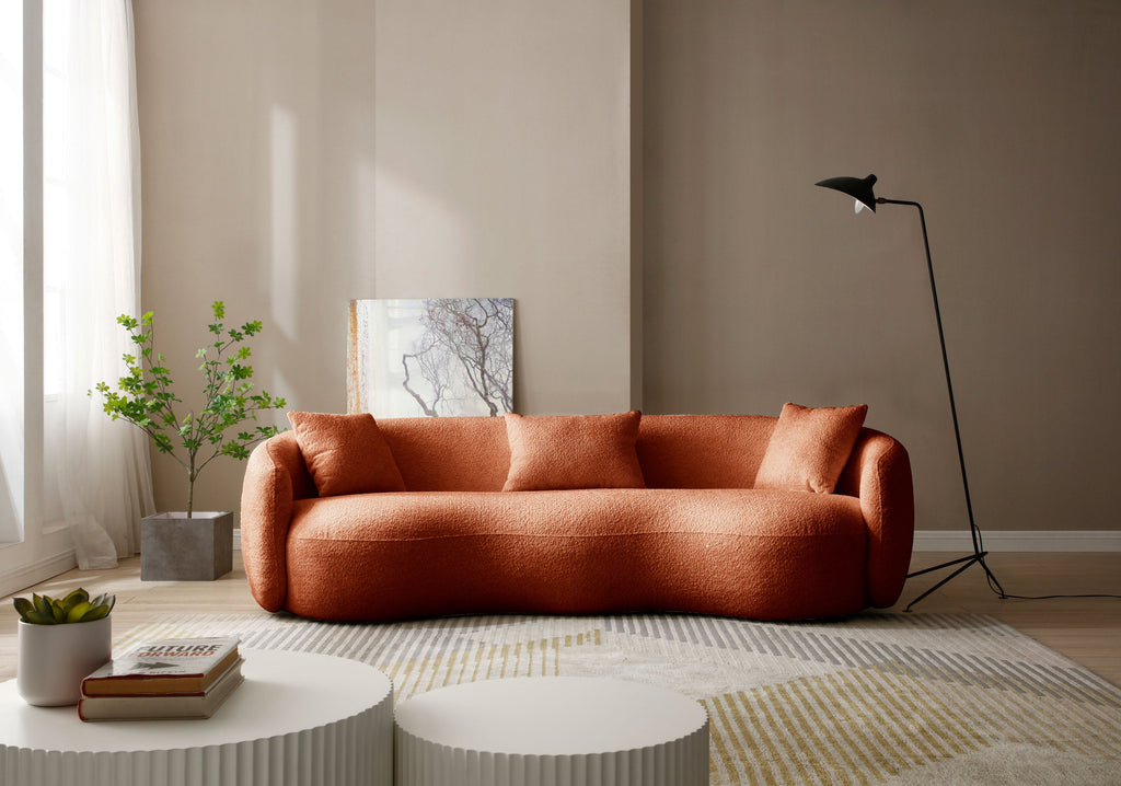 Mid Century Modern Curved Sofa,  Boucle Fabric Couch for Bedroom, Office, Apartment, Orange