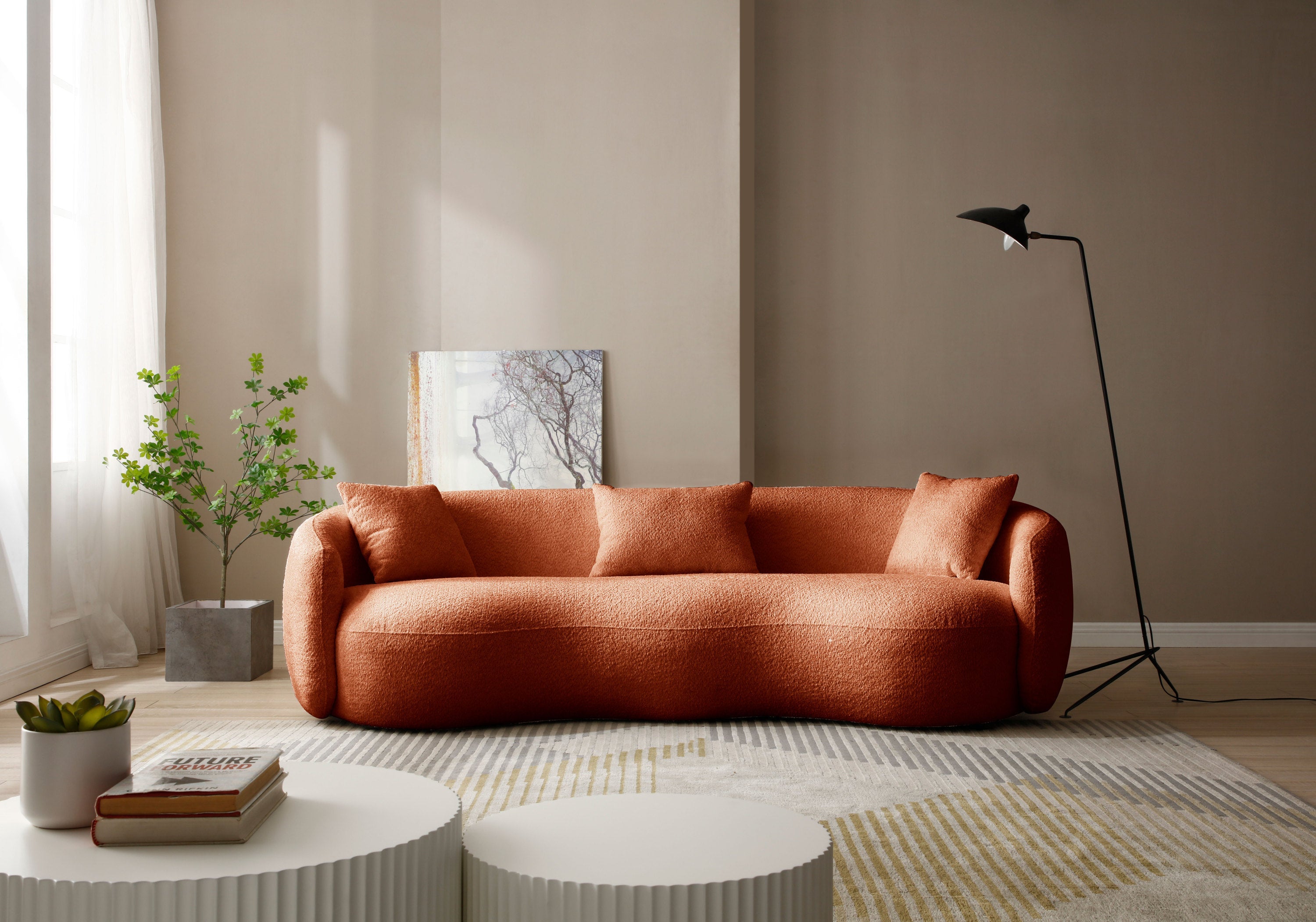 Mid Century Modern Curved Sofa,  Boucle Fabric Couch for Bedroom, Office, Apartment, Orange