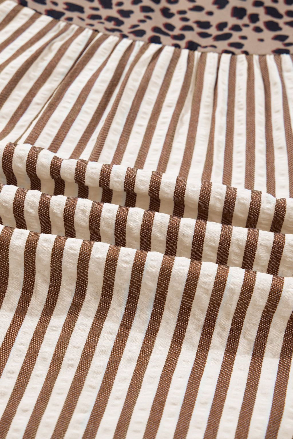 Stripe Leopard Trim V-Neck Buttoned Short Sleeve Shirt
