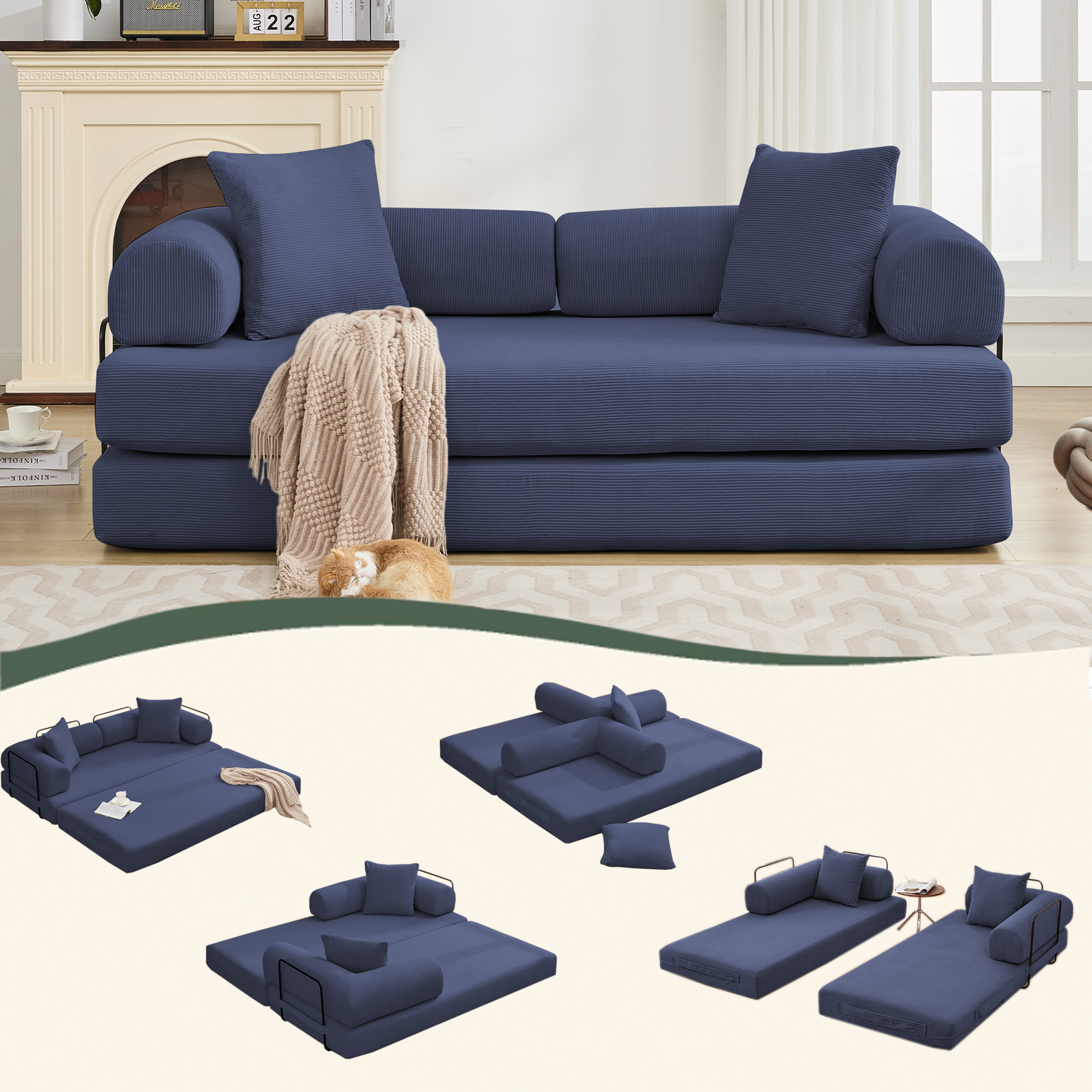 [NEW ARRIVED] [VIDEO PROVIDED] 78.5' Folding Convertible Out Sleeper Sofa Bed,4-in-1 DIY Combination Convertible Sofa,3 seat, Folding Sofa, King Size , Bedroom,Apartment,Corduroy,Blue
