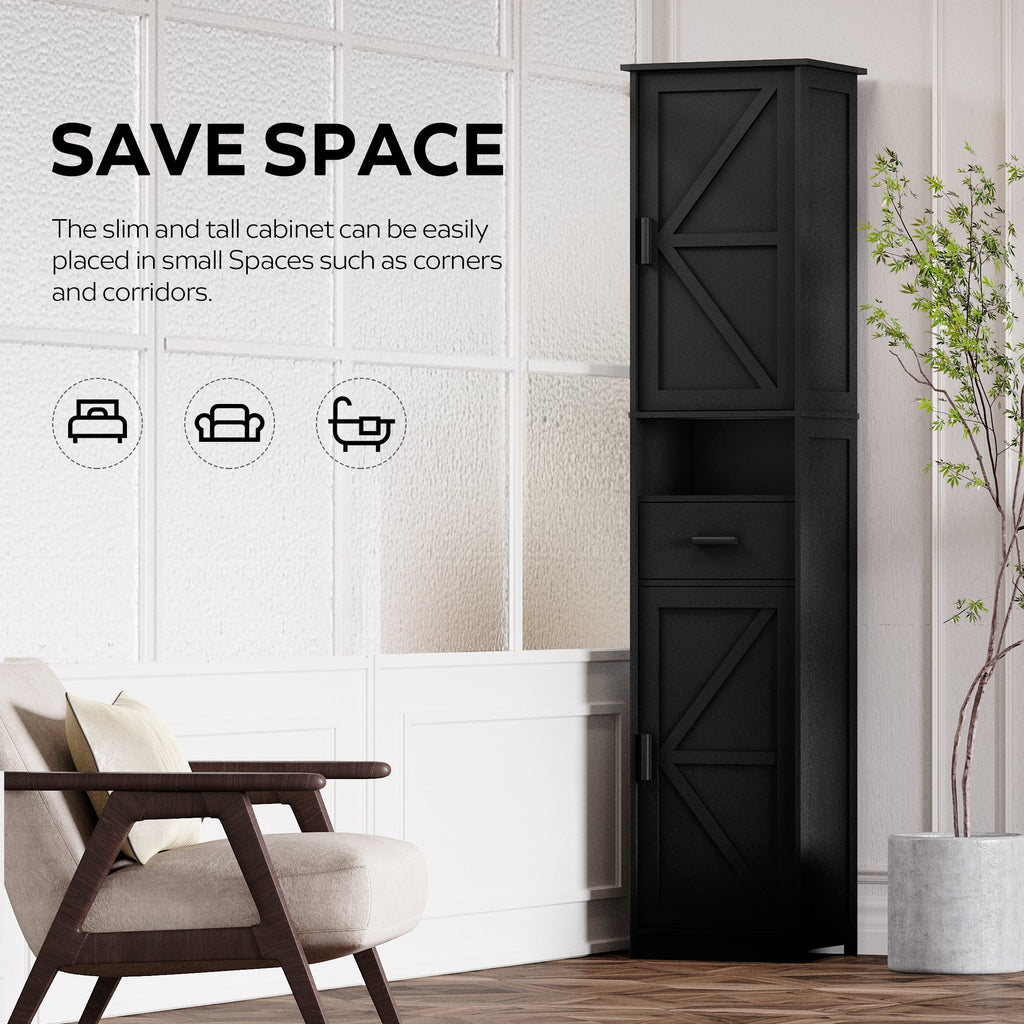 69' H Tall Bathroom Storage Cabinet with 2 Barn Doors and 1 Drawer, Narrow Storage Unit, Adjustable Shelves,Floor Cabinet for Bathroom, Living Room, Entryway,Kitchen,(Black)