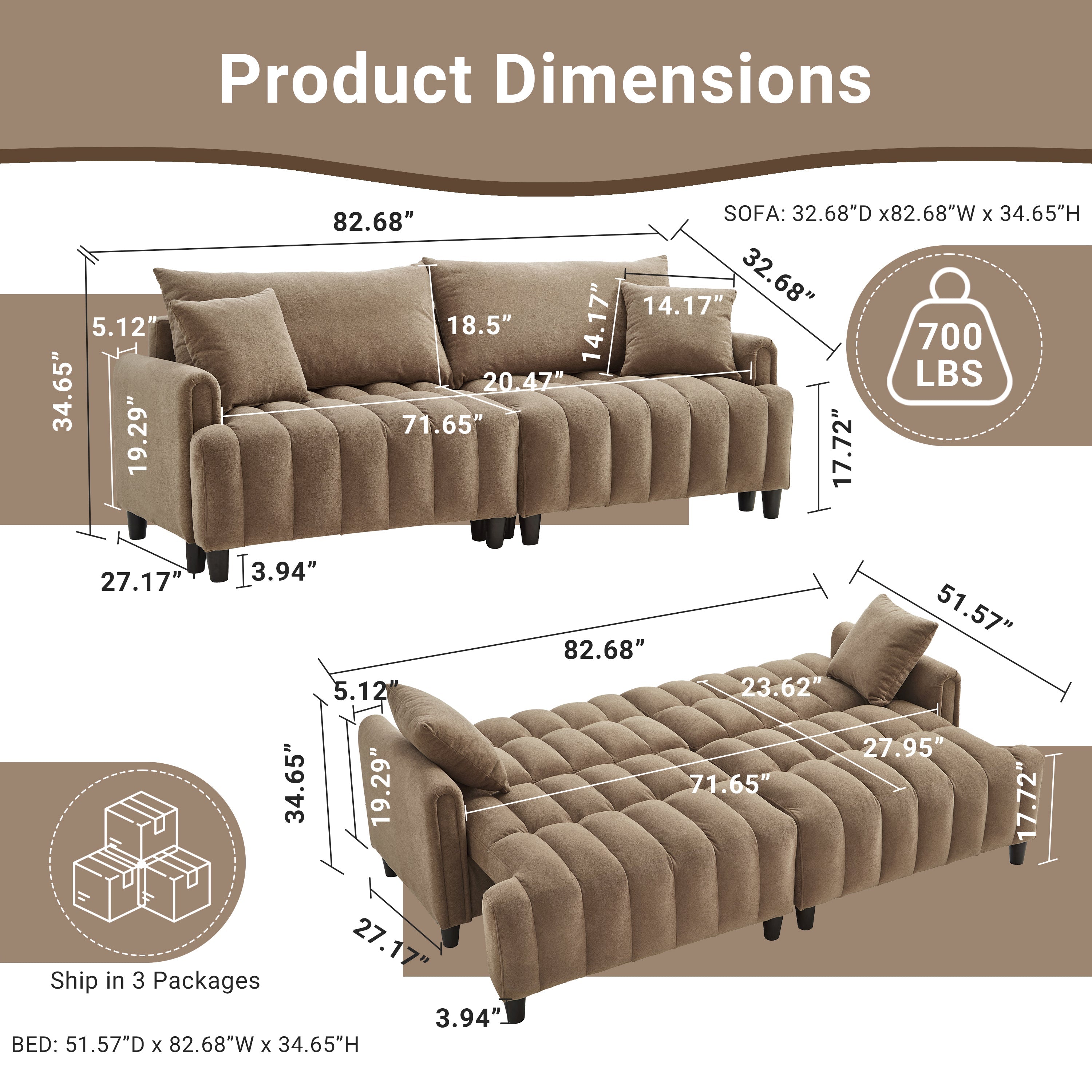 83''  Futon Sofa Bed, Polyester Fabric Comfy Futon Couch Bed with 2 Square Pillows, Convertible Sleeper Sofa with Adjustable Backrest,  Modern Loveseat Sleeper for Living Room, Brown