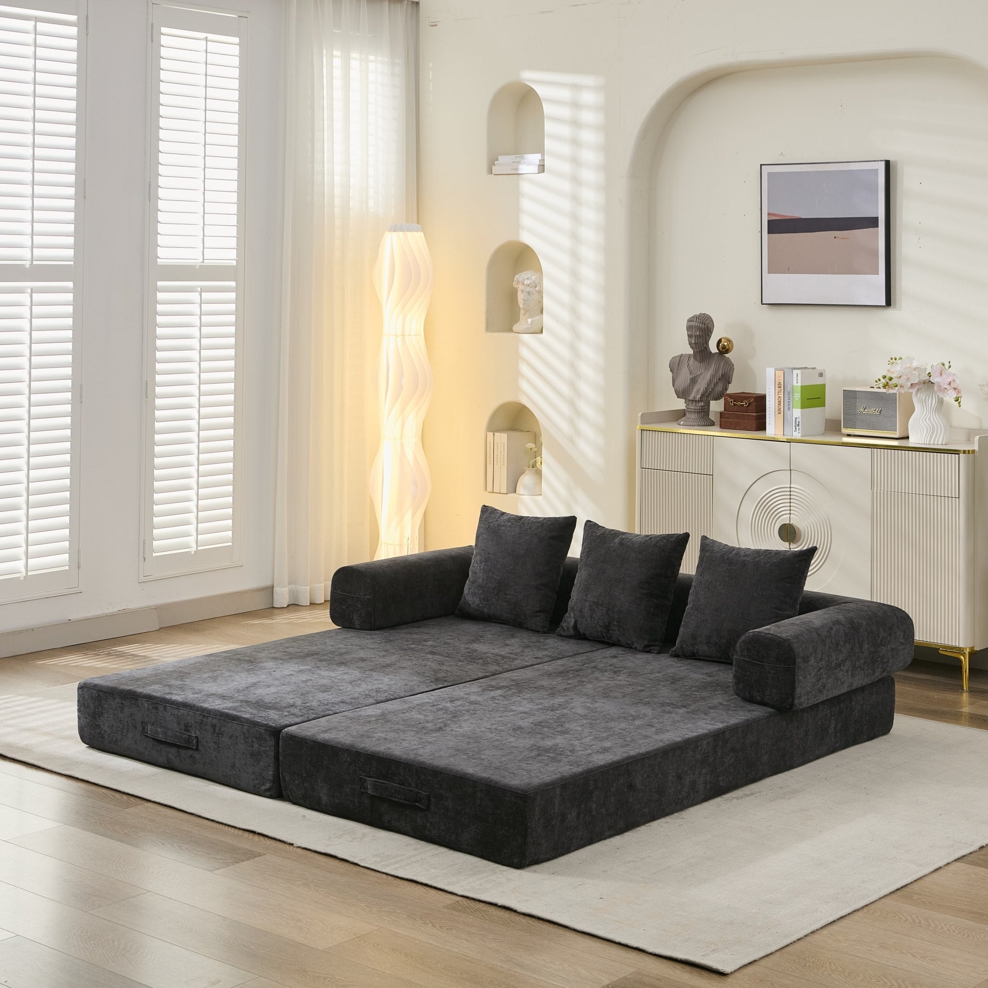 Comfy Convertible Folding Mattress Couch, Floor Sofa Bed, Chenille Floor Sofa with Armrest, Floor Sofa Lounge Couch for Living Room Bedroom Lounge Studio-Black