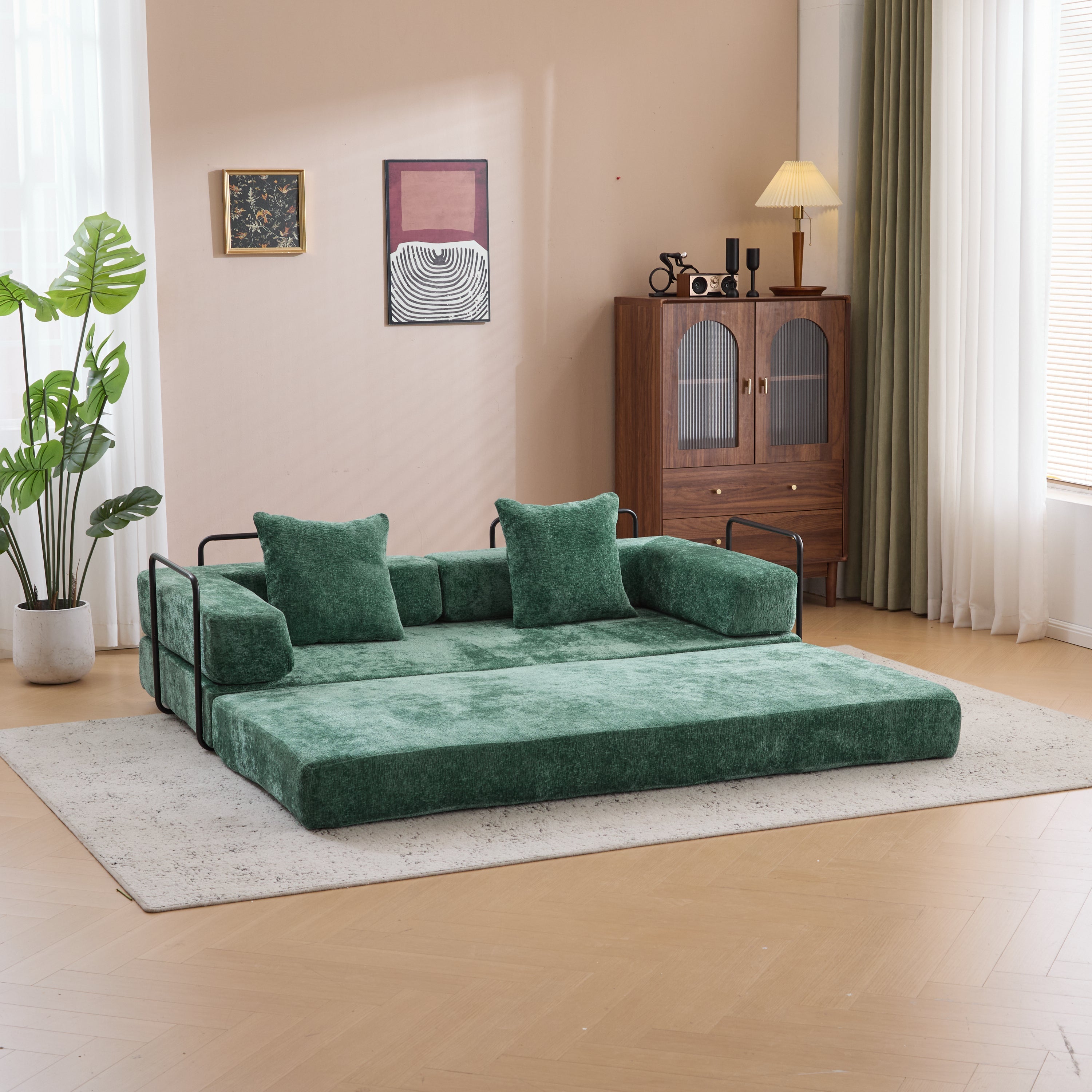 Floor Couch,Compression Sofa,Convertible Floor Sofa Bed-with Pillow Back Support Armrest,Comfy Futon Couch Lounge Sleeper Bed,Chenille fabric,for Living Room Bedroom (dark green)