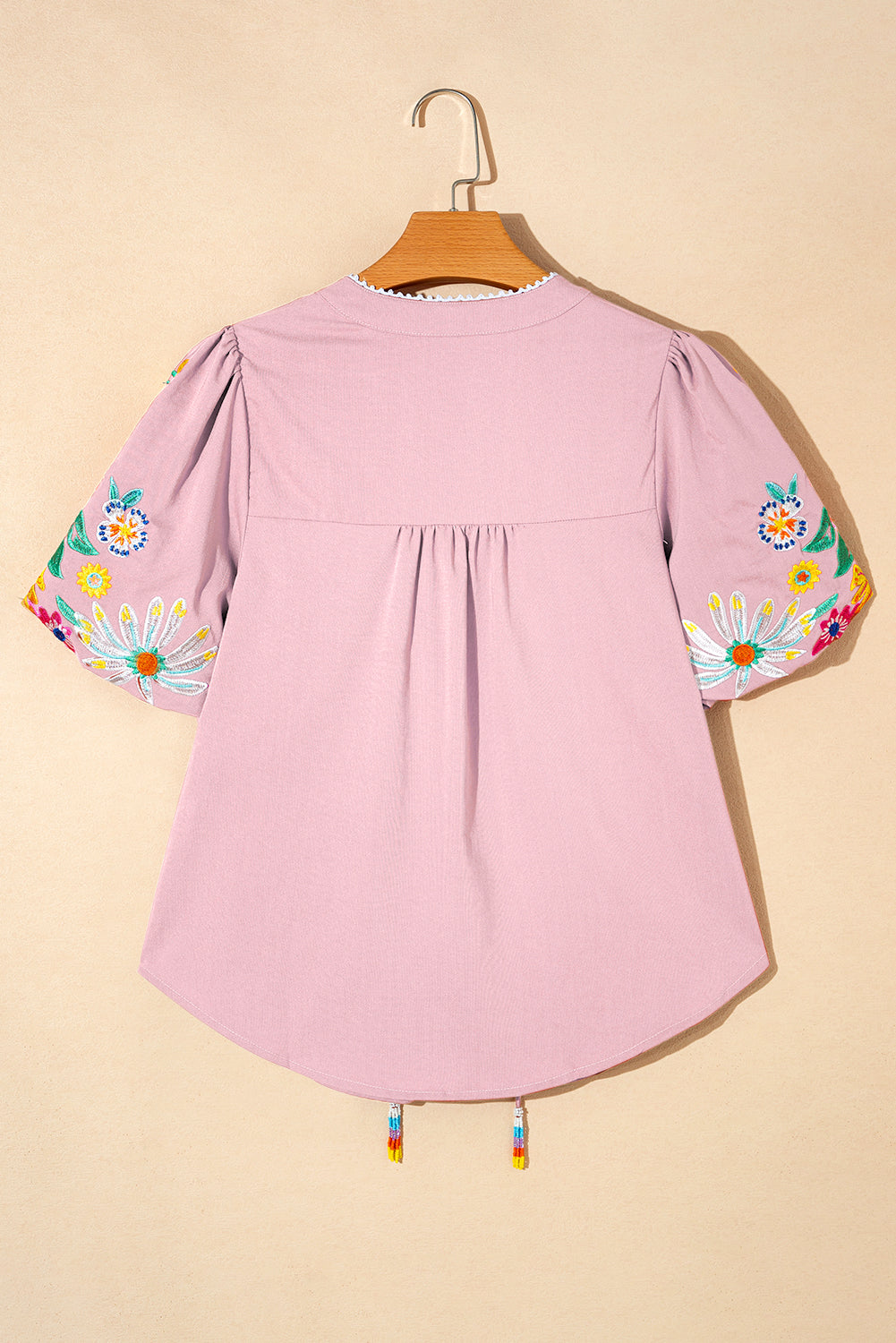 Floral Embroidered Puff Sleeve Split Neck Blouse